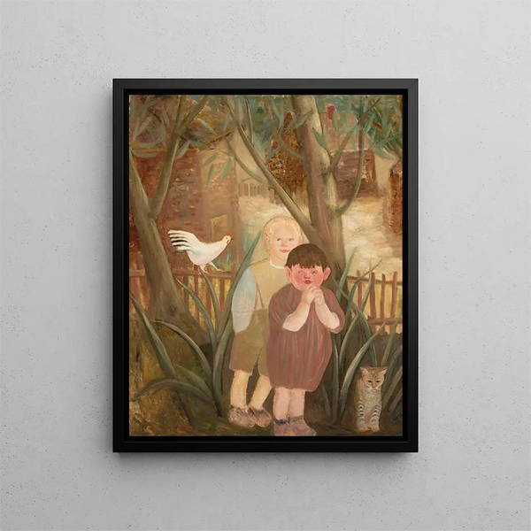 Two children with a cat - Tadeusz Makowski — framed artwork on a wall