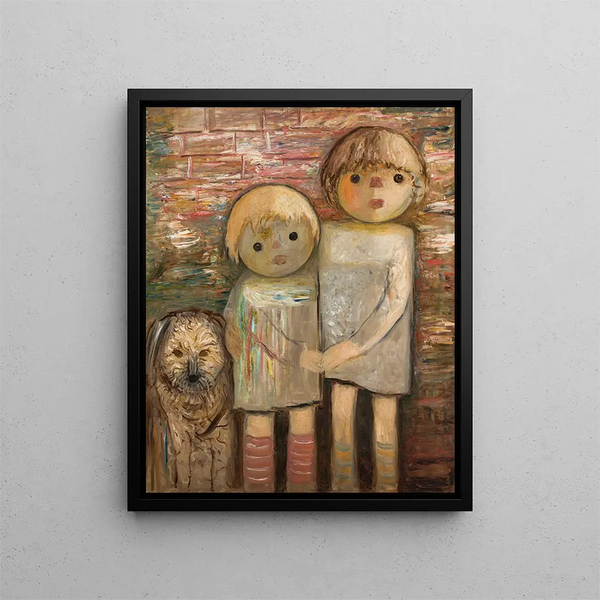 Deux enfants avec un chien - Tadeusz Makowski — framed artwork on a wall