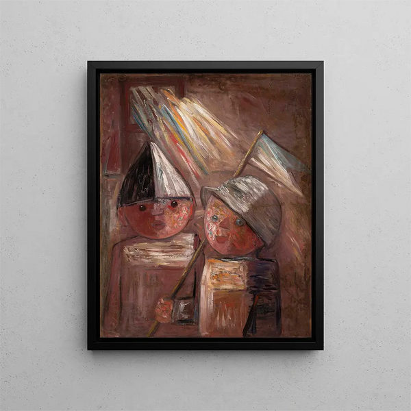 Two children with a flag - Tadeusz Makowski — framed artwork on a wall