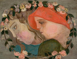 Two Little Girls' Heads in a Garland of Flowers - Tadeusz Makowski — artwork view