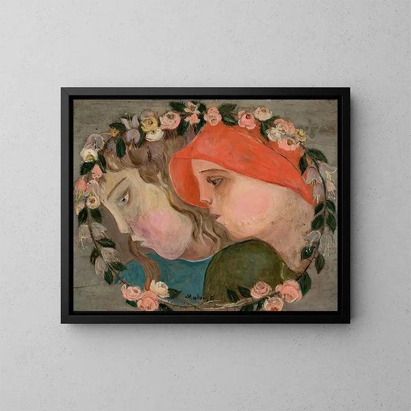 Two Little Girls' Heads in a Garland of Flowers - Tadeusz Makowski — framed artwork on a wall