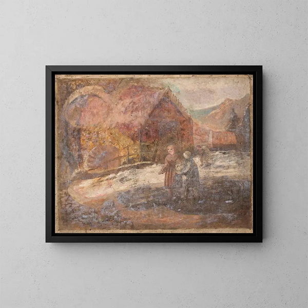 Two little girls against a landscape background - Tadeusz Makowski — framed artwork on a wall