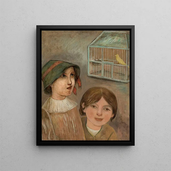 Two little girls next to a cage with a canary - Tadeusz Makowski — framed artwork on a wall