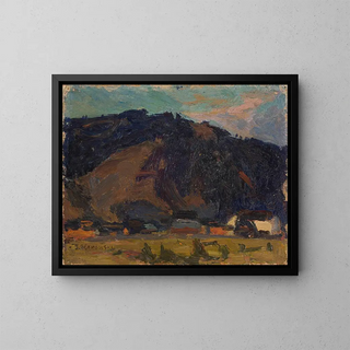 View of a village against a mountain backdrop - Tadeusz Makowski — framed artwork on a wall