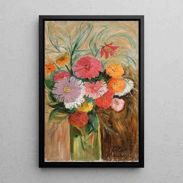 Zinnias and asters in a glass jar - Tadeusz Makowski — framed artwork on a wall
