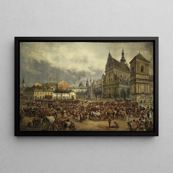Fair before Easter on Bernardine Square in Lviv in 1895 - Tadeusz Rybkowski — framed artwork on a wall
