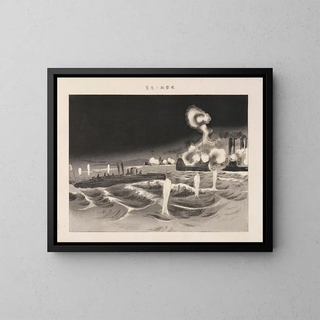 Attack at night by torpedo boats from the series of illustrated rolls of distinguished services - Takahashi Shōtei — framed artwork on a wall