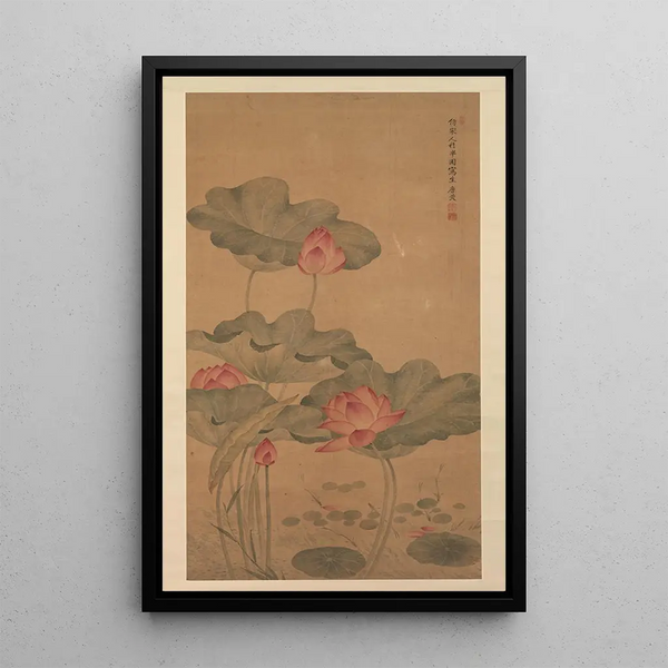 Red Lotus and Fish Painting - Tang Guang — framed artwork on a wall