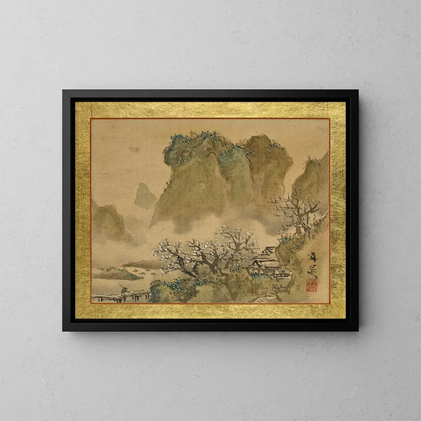 a country house in a valley with a flowering plum tree - Tani Bunchō — framed artwork on a wall