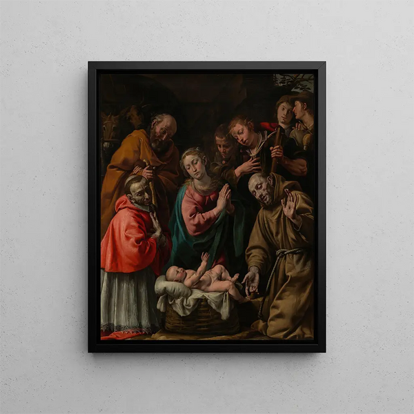 Adoration of the Shepherds with Saint Francis and Saint Charles Borromeo - Tanzio da Varallo — framed artwork on a wall