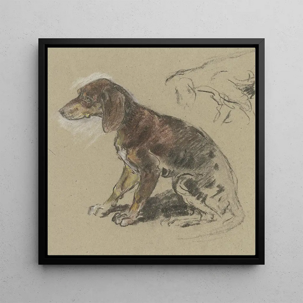 Teckel sitting turned to the left - Anton Burger — framed artwork on a wall