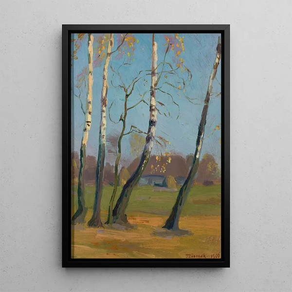 Birch Trees near a Village - Teodor Ziomek — framed artwork on a wall