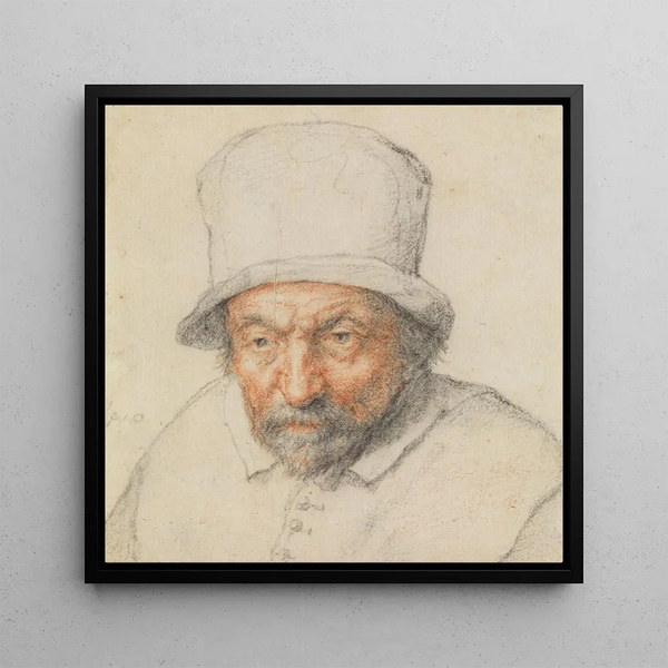 Head of a bearded man with a hat - Adriaen van Ostade — framed artwork on a wall