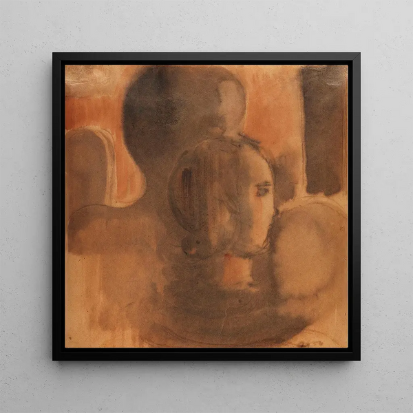 Head of a girl in front of a dark figure silhouette - Oskar Schlemmer — framed artwork on a wall