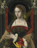 Saint Mary Magdalene before a curtain supported by angels in an architectural niche - The Master of the Parrot — artwork view