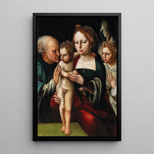 The Virgin and Child with Saint Eloi and an angel - The Parrot Master — framed artwork on a wall