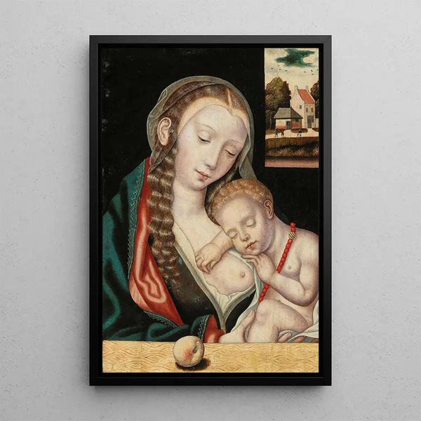 The Virgin and Child sitting in front of a ledge - The Parrot Master — framed artwork on a wall