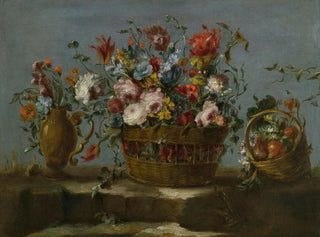 a Still life with a basket of flowers on a rock ledge - Le Pseudo Guardi — artwork view