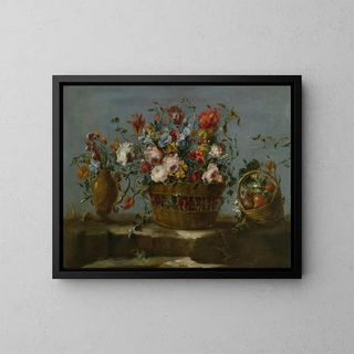 a Still life with a basket of flowers on a rock ledge - Le Pseudo Guardi — framed artwork on a wall