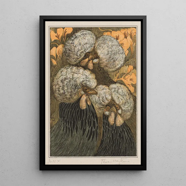 Trois poules huppées - Theo van Hoytema — framed artwork on a wall