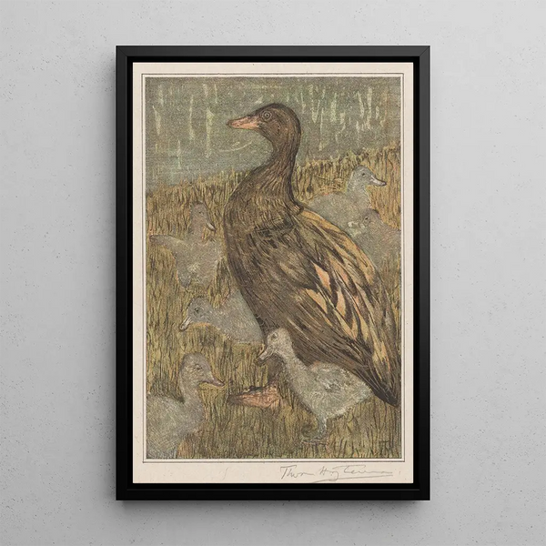 Duck with ducklings by the water's edge - Theo van Hoytema — framed artwork on a wall