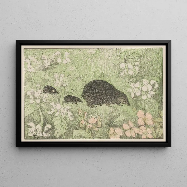 Hedgehog with small ones - Theo van Hoytema — framed artwork on a wall