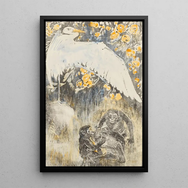 Heron with Three Monkeys - Theo van Hoytema — framed artwork on a wall