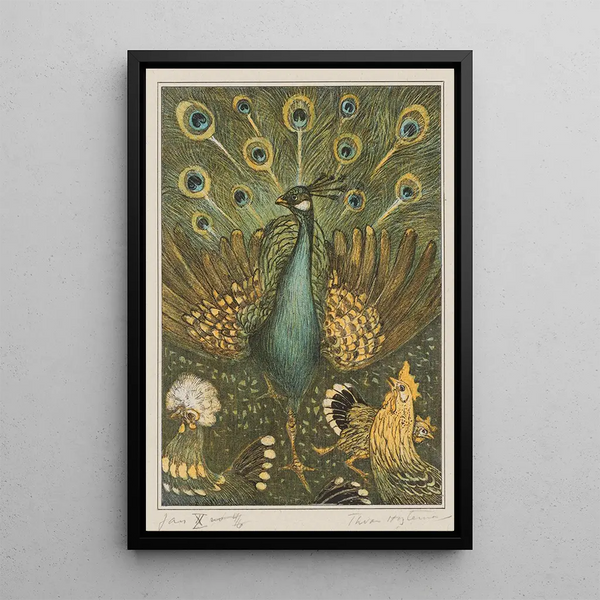 Peacock with hens - Theo van Hoytema — framed artwork on a wall