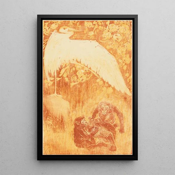 Heron with Three Monkeys - Theo van Hoytema — framed artwork on a wall