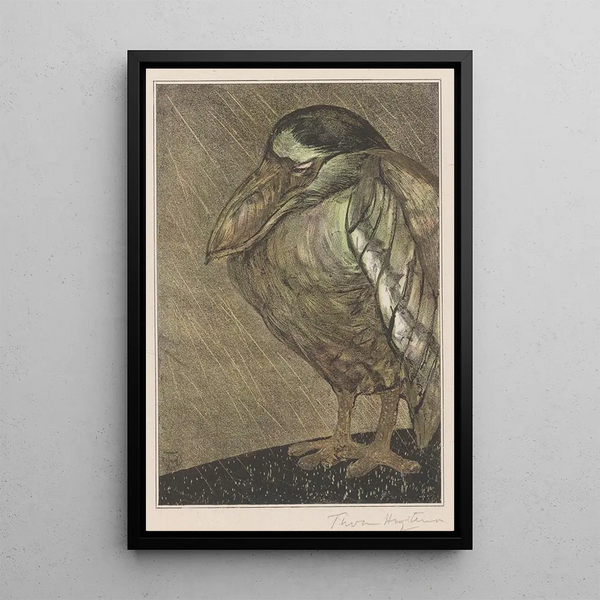 Heron with beak in boat under the rain - Theo van Hoytema — framed artwork on a wall