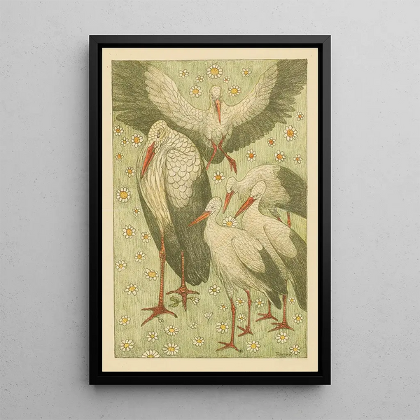 Five Storks in a Meadow - Theo van Hoytema — framed artwork on a wall