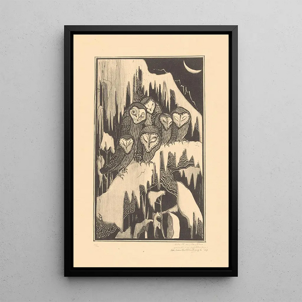 Six frightened owls sleeping on snowy branches - Theo van Hoytema — framed artwork on a wall