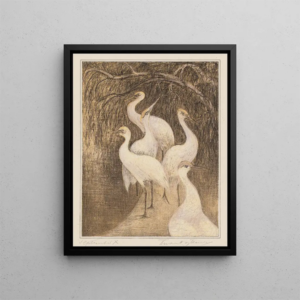 Six Cranes by the Water's Edge - Theo van Hoytema — framed artwork on a wall