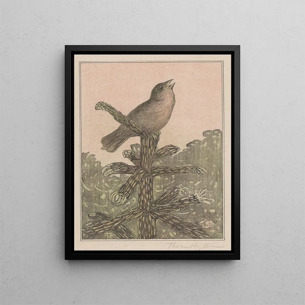 Bird singing on a conifer - Theo van Hoytema — framed artwork on a wall