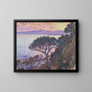 Sunshade pine painting near the Mediterranean Sea at sunset - Theo van Rysselberghe — framed artwork on a wall