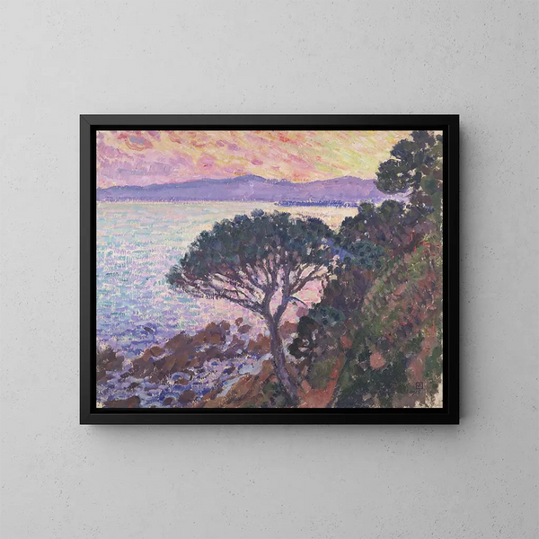 Sunshade pine painting near the Mediterranean Sea at sunset - Theo van Rysselberghe — framed artwork on a wall