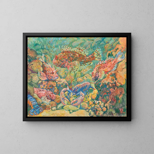 Rascasses and lobsters in an aquarium - Theo van Rysselberghe — framed artwork on a wall