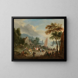 lively village scene by a riverbank - Theobald Michau — framed artwork on a wall