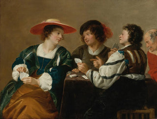 a woman and three men sitting around a table playing cards - Theodoor Rombouts — artwork view