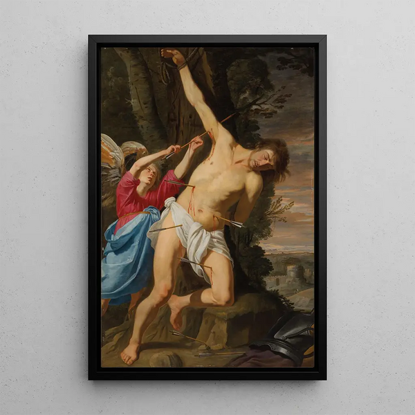 Saint Sebastian healed by an angel - Theodoor Rombouts — framed artwork on a wall