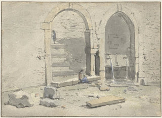 Fontaine against a city wall with a staircase built - Theodoor Wilkens — artwork view