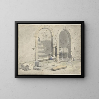Fontaine against a city wall with a staircase built - Theodoor Wilkens — framed artwork on a wall