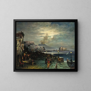 Naples, a night quay with a view of Vesuvius - Theodor Groll — framed artwork on a wall