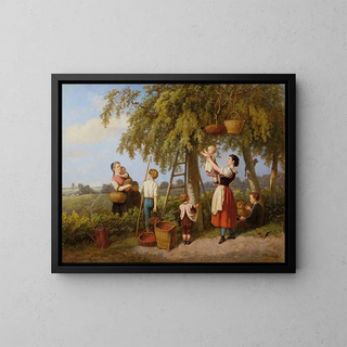 The harvest of cherries, family of farmers in the orchard - Theodor Hosemann — framed artwork on a wall