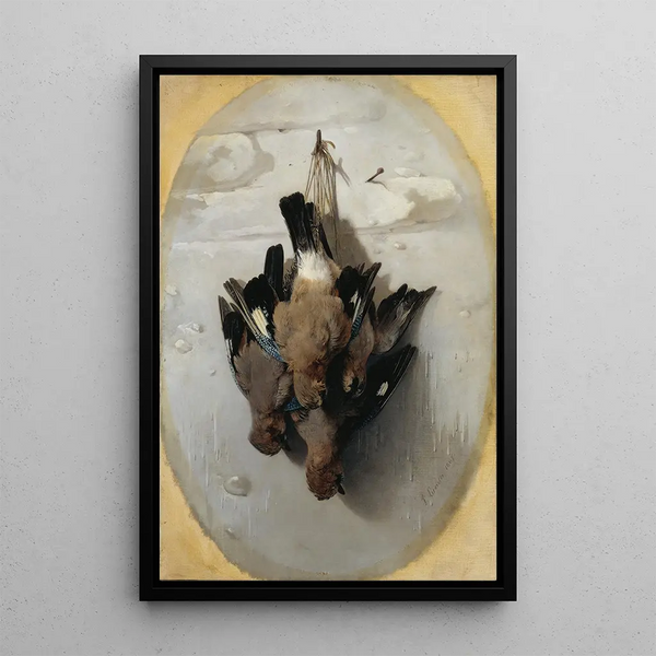 Still life with birds - Theodor Lundh — framed artwork on a wall