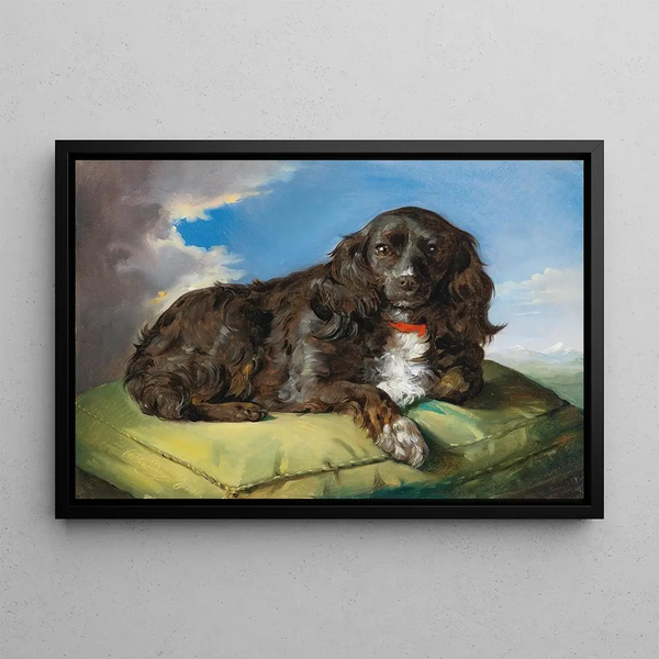 Cocker Spaniel sur un coussin vert - Theodor Petter — framed artwork on a wall