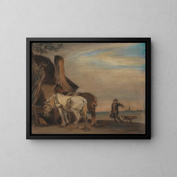Karl bringing water to two horses, copy of a painting by Paulus Potter at the Louvre - Theodor Philipsen — framed artwork on a wall