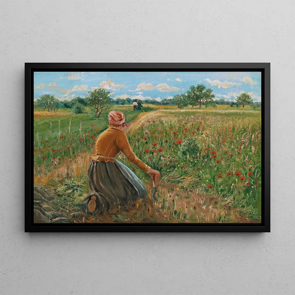 Peasant Painting kneeling with sickle - Theodor von Hermann — framed artwork on a wall