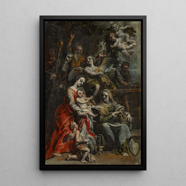 The Holy Family with Saint Anne, other saints, and angels - Theodor van Loon — framed artwork on a wall
