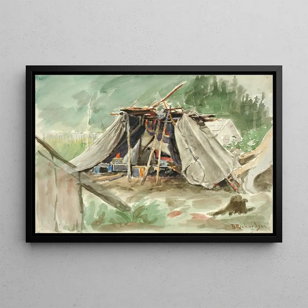 Indian Camp Painting in Alaska - Theodore J. Richardson — framed artwork on a wall